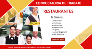 RESTAURANTE REQUIERE PERSONAL DISTINTAS ÁREAS LABORAL / TE ESPERAMOS